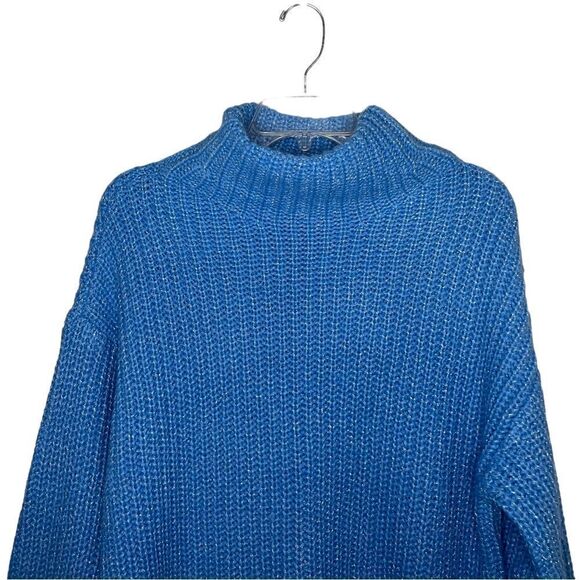 Alfani Blue/Silver Long Sleeve Boho Chunky Knit Mock-Neck Metallic Sweater - Picture 4 of 10